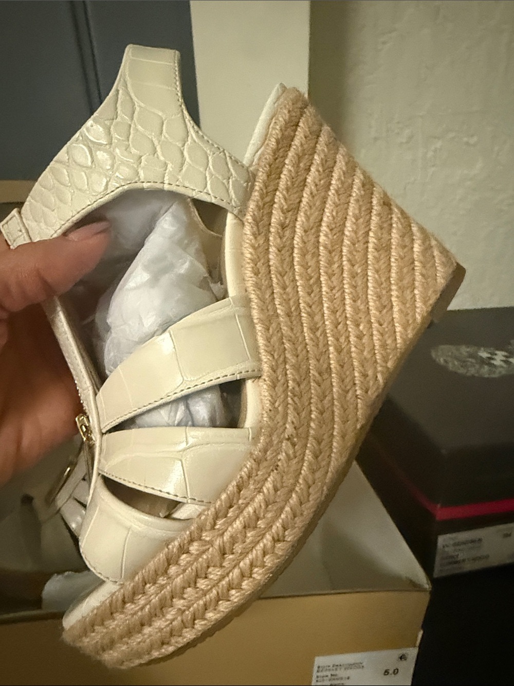 MICHAEL Michael Kors Croc-Embossed Cream Espadrille Wedge Sandal
